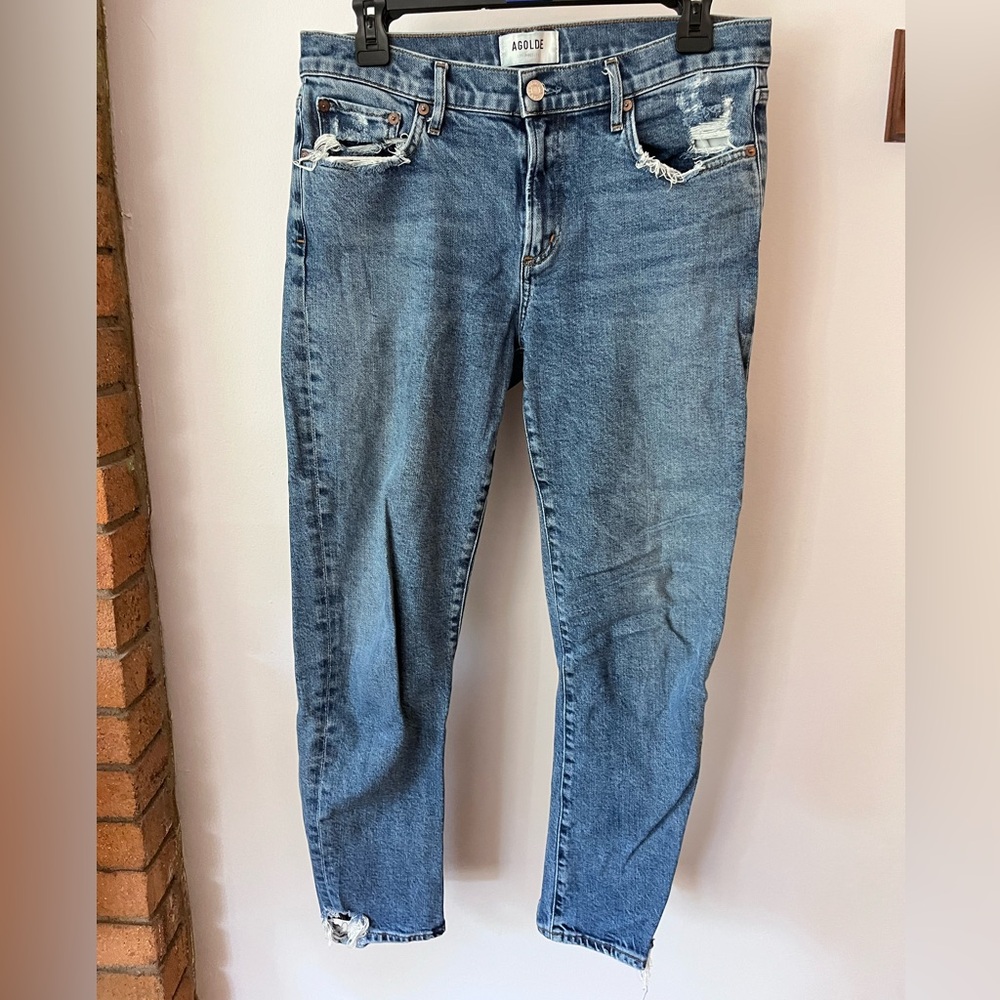 Agolde Distressed Blue Straight Leg Jeans